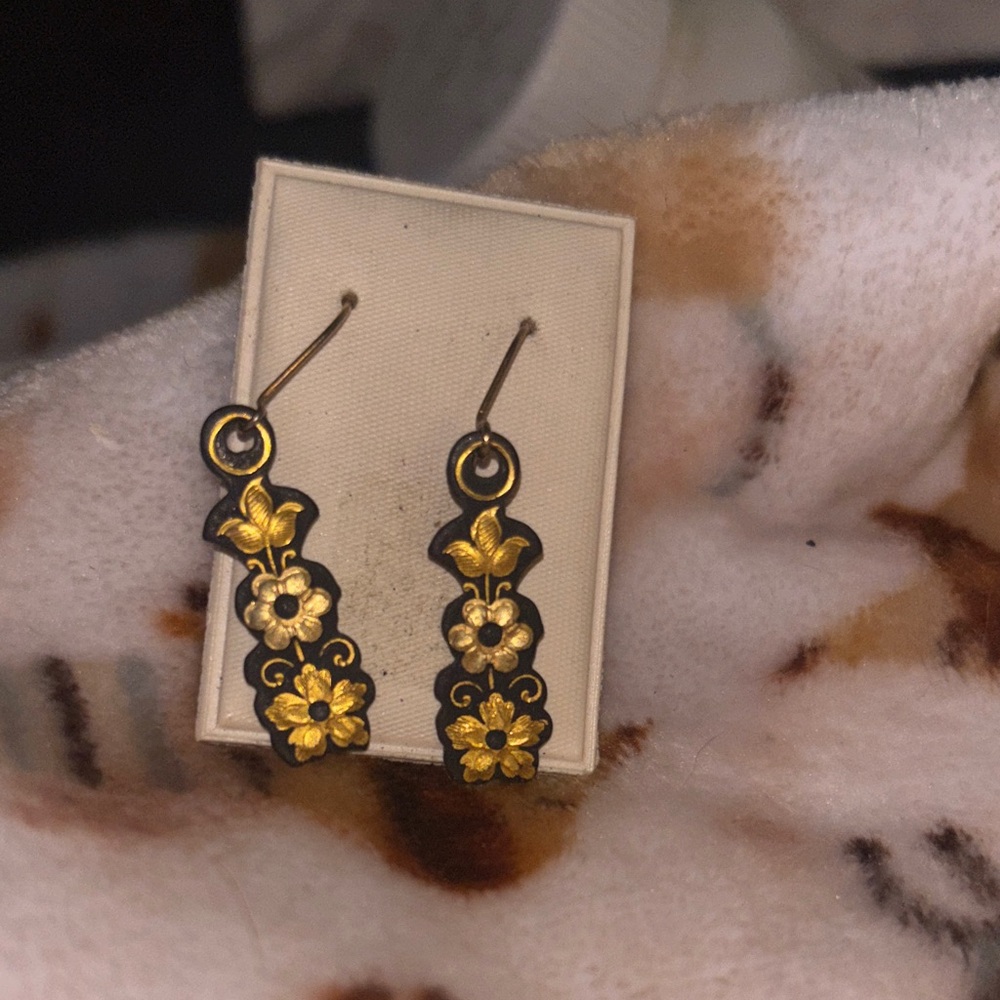 Gold and Black Floral Drop Earrings - Women Jewelry